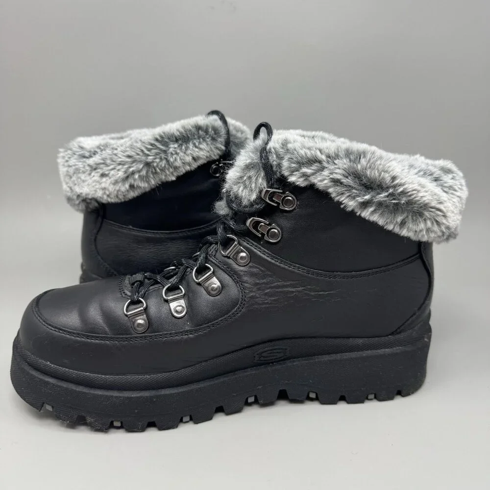 Women's Skechers Shindigs Lookin’ lol Black Winter Boots Size 10 Faux Fur